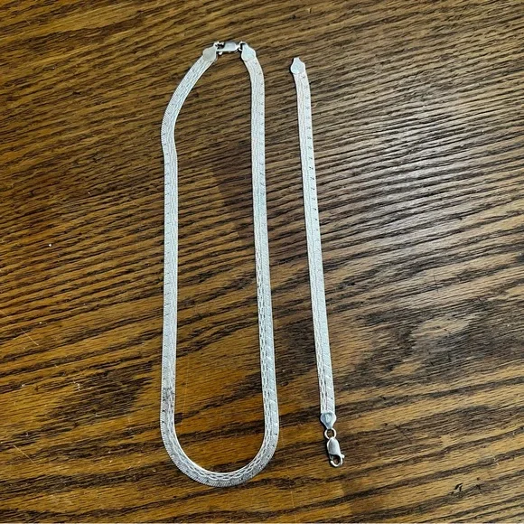 Vintage 925 Silver Herringbone Necklace Bracelet Set - Picture 3 of 11